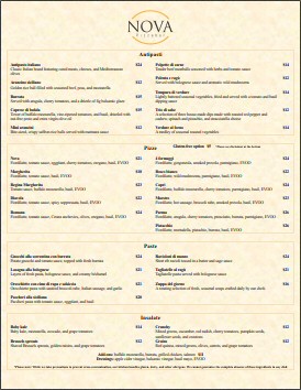 Nova Pizza Bar Menu